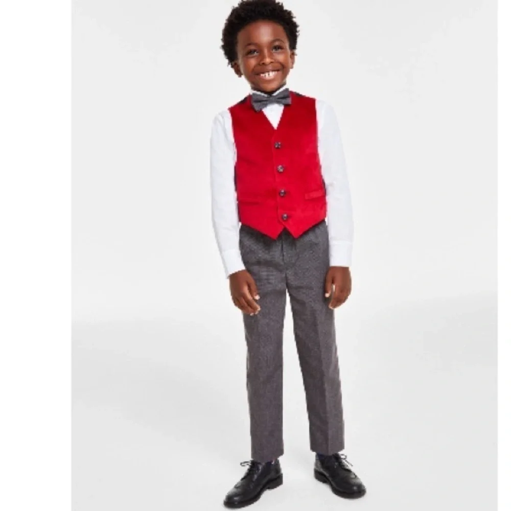 Nautica Shirt,Vest,Pants and Bow-Tie Set Little Boys 7 White/Dark Red/Gray 6